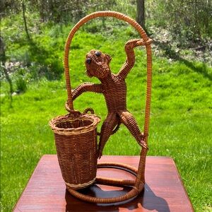Vintage Figural Monkey Woven Wicker Rattan Basket Planter Pot Vase Boho MCM